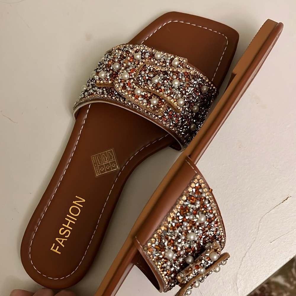 Women brown flip flop sandals rhinestones fashion slide faux pearl elegant - Picture 12 of 12